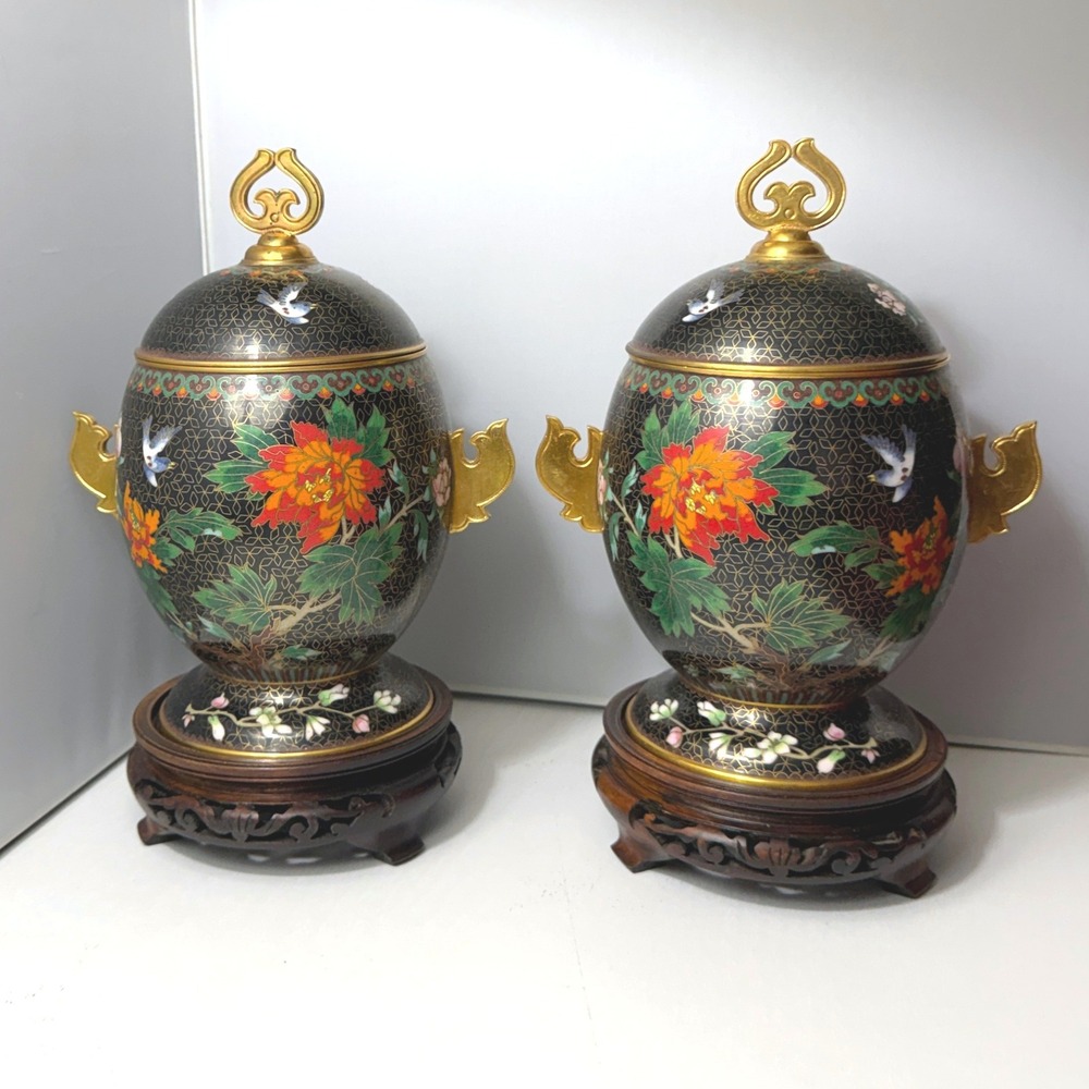 Vintage Chinese Cloisonne Jars Black Chinese Export Pair Stands Box